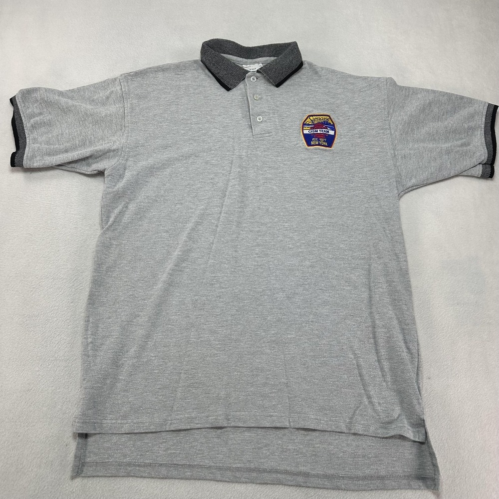 Syracuse CISM Team Polo Shirt Mens Large Gray Anvil Embroidered Logo Patch Y2K